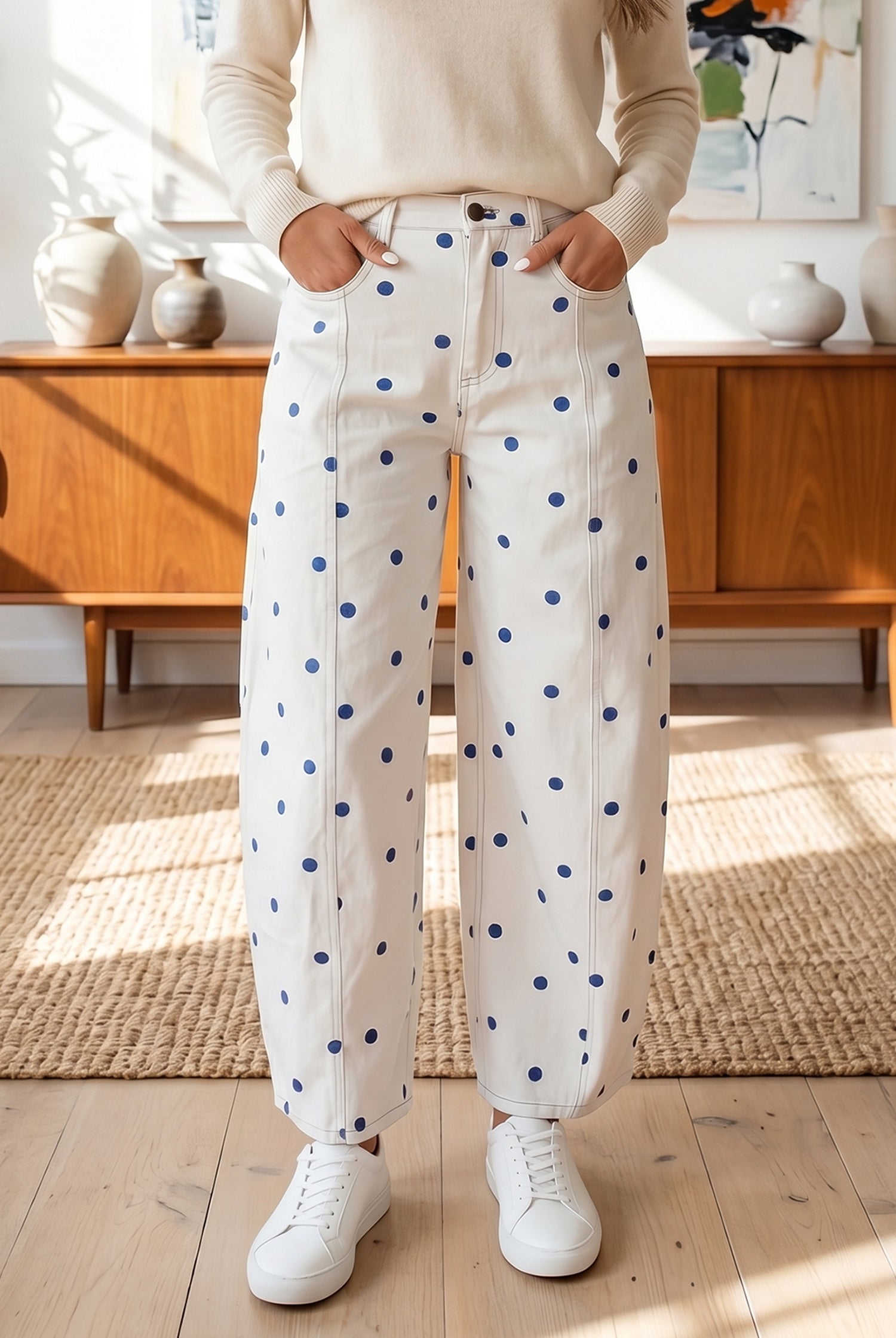 white with blue polka dot barrel jeans
