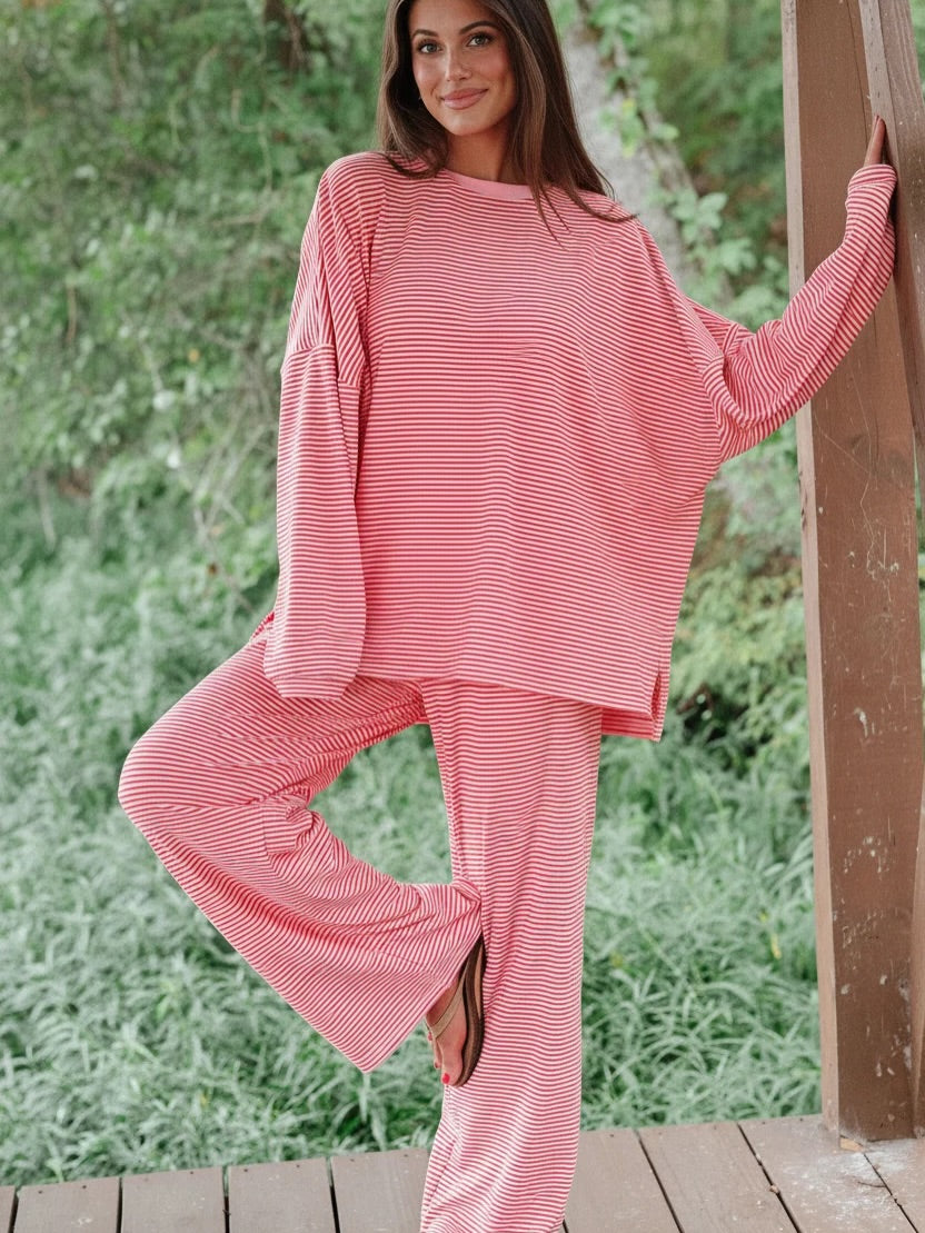 Vintage Havana Cloud Fleece striped tee with short sleeves and white trim, ultra-soft and part of a matching set