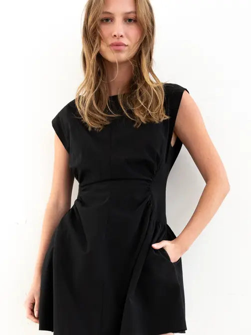 Cap Sleeve black short dress with side ruching 