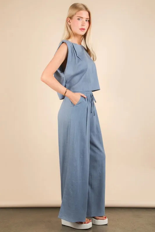 Solid woven two-piece set with coordinated top and drawstring pants side view