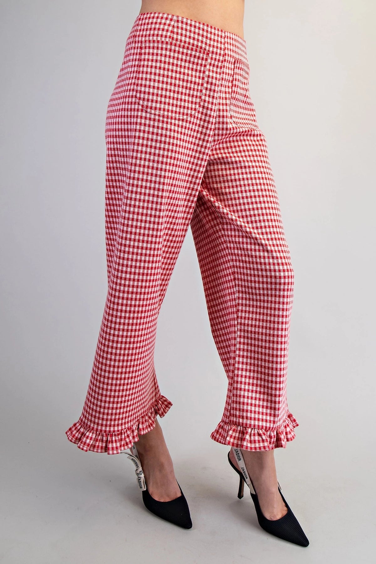 Red and white checkered pants with ruffled hem front pockets high waist 