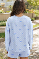 Women’s heart and bow print ribbed lounge set with long sleeve top and matching shorts back view