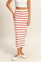 Striped bodycon sweater skirt with side slit, figure-hugging knit midi skirt, cozy fall and winter striped skirt, trendy fitted bodycon sweater skirt