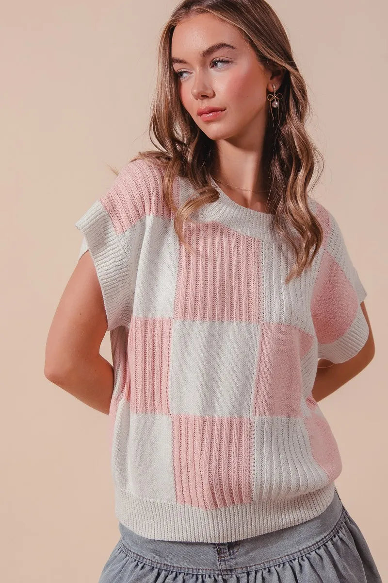 Women’s check plaid casual sweater top in neutral tones, featuring a classic pattern and relaxed fit, perfect for cozy fall and winter outfits.