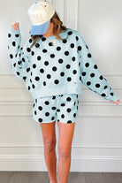 Polka dot lounge set with drop shoulder pullover and drawstring shorts for women from Thread Bar Boutique
