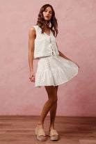 white FLORAL EYELET LACE TIE FRONT VEST AND MINI SKIRT SET