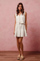 white FLORAL EYELET LACE TIE FRONT VEST AND MINI SKIRT SET