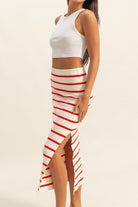 Striped bodycon sweater skirt with side slit, figure-hugging knit midi skirt, cozy fall and winter striped skirt, trendy fitted bodycon sweater skirt