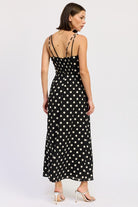 Dressy polka dot maxi dress for brunch or evening events rear view Thread Bar Boutique