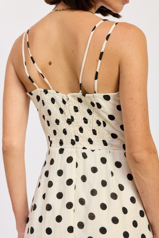 Flowy maxi dress with classic polka dot print and fitted bodice smocked back and zipper. Thread Bar Boutique