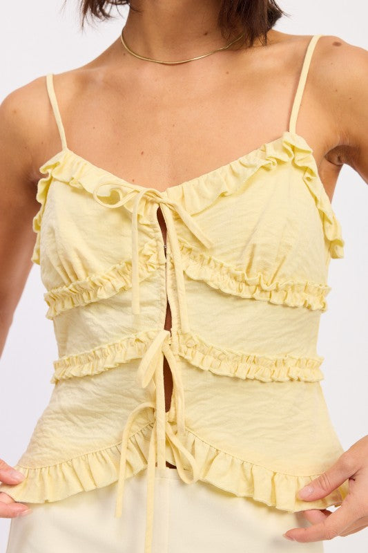 Romantic ruffle trim cami blouse in soft butter yellow