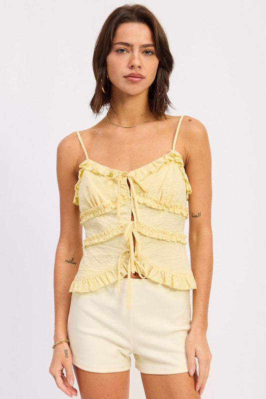 Butter yellow ruffle cami top with adjustable spaghetti straps
