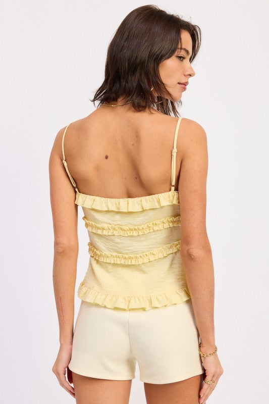 Delicate spaghetti strap top with flattering adjustable fit butter yellow rear