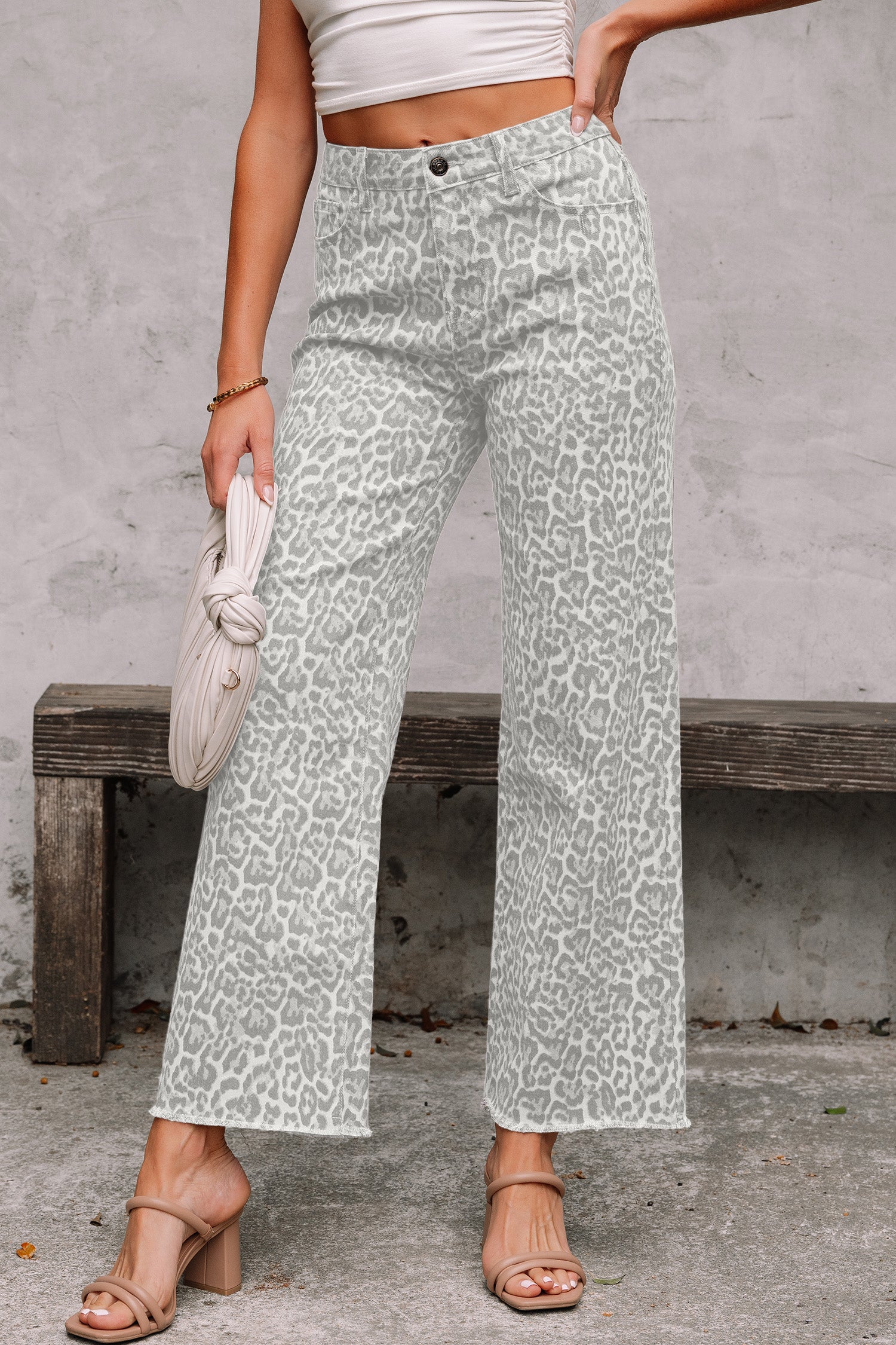Leopard print high-waisted wide-leg jeans with frayed hem for women from Thread Bar Boutique