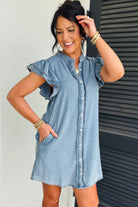 Women’s casual button front denim dress with ruffled sleeves and relaxed fit