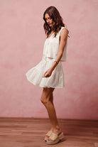 FLORAL EYELET LACE TIE FRONT VEST AND MINI SKIRT SET white 