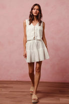 white FLORAL EYELET LACE TIE FRONT VEST AND MINI SKIRT SET