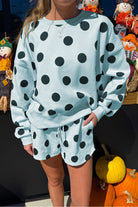 Polka dot lounge set with drop shoulder pullover and drawstring shorts for women from Thread Bar Boutique