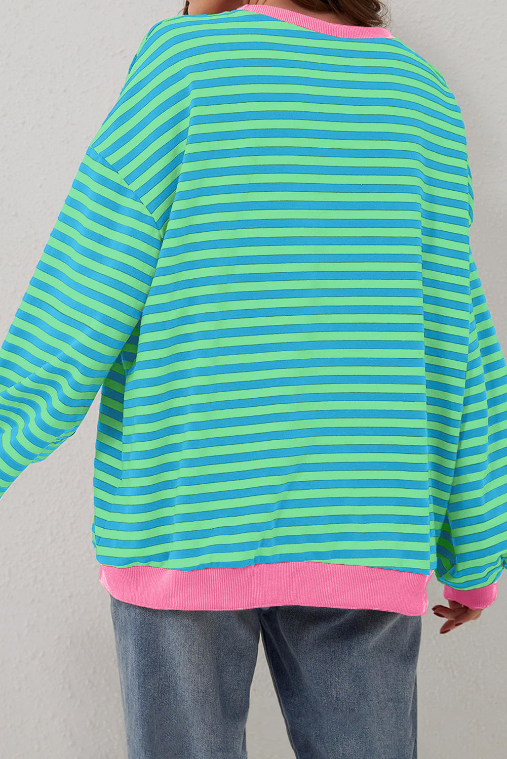 Women’s Casual Cool Stripe Oversized Sweatshirt with drop shoulder and contrast trim in relaxed fit, styled with denim