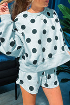 Polka dot lounge set with drop shoulder pullover and drawstring shorts for women from Thread Bar Boutique