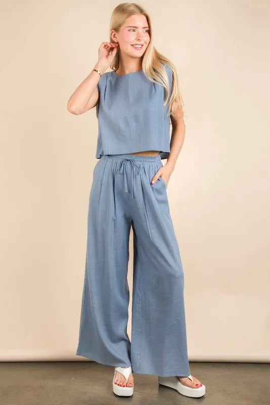 Solid woven two-piece set with coordinated top and drawstring pants