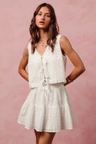 white FLORAL EYELET LACE TIE FRONT VEST AND MINI SKIRT SET detail