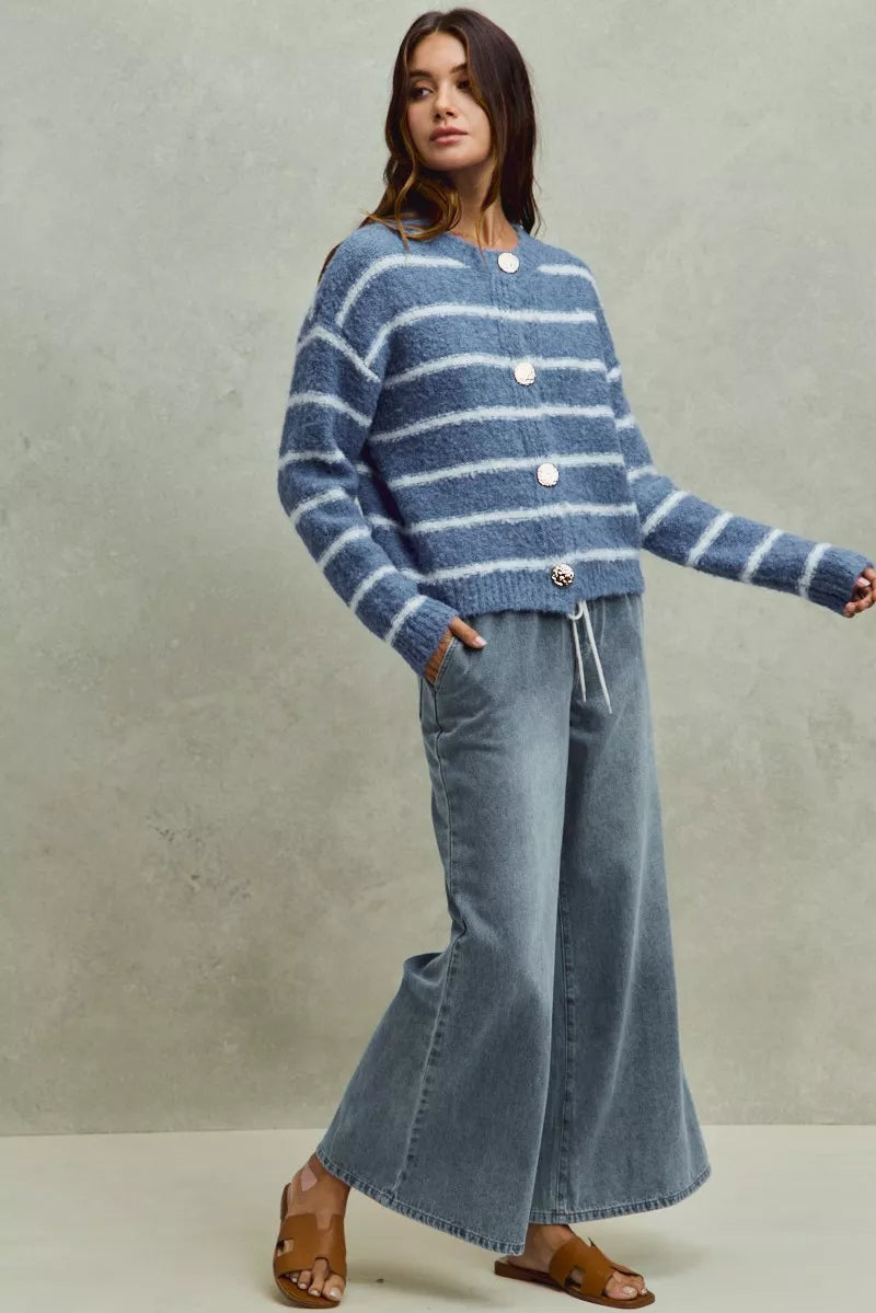 Mid rise elastic flare denim jeans with drawstring