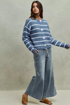 Mid rise elastic flare denim jeans with drawstring