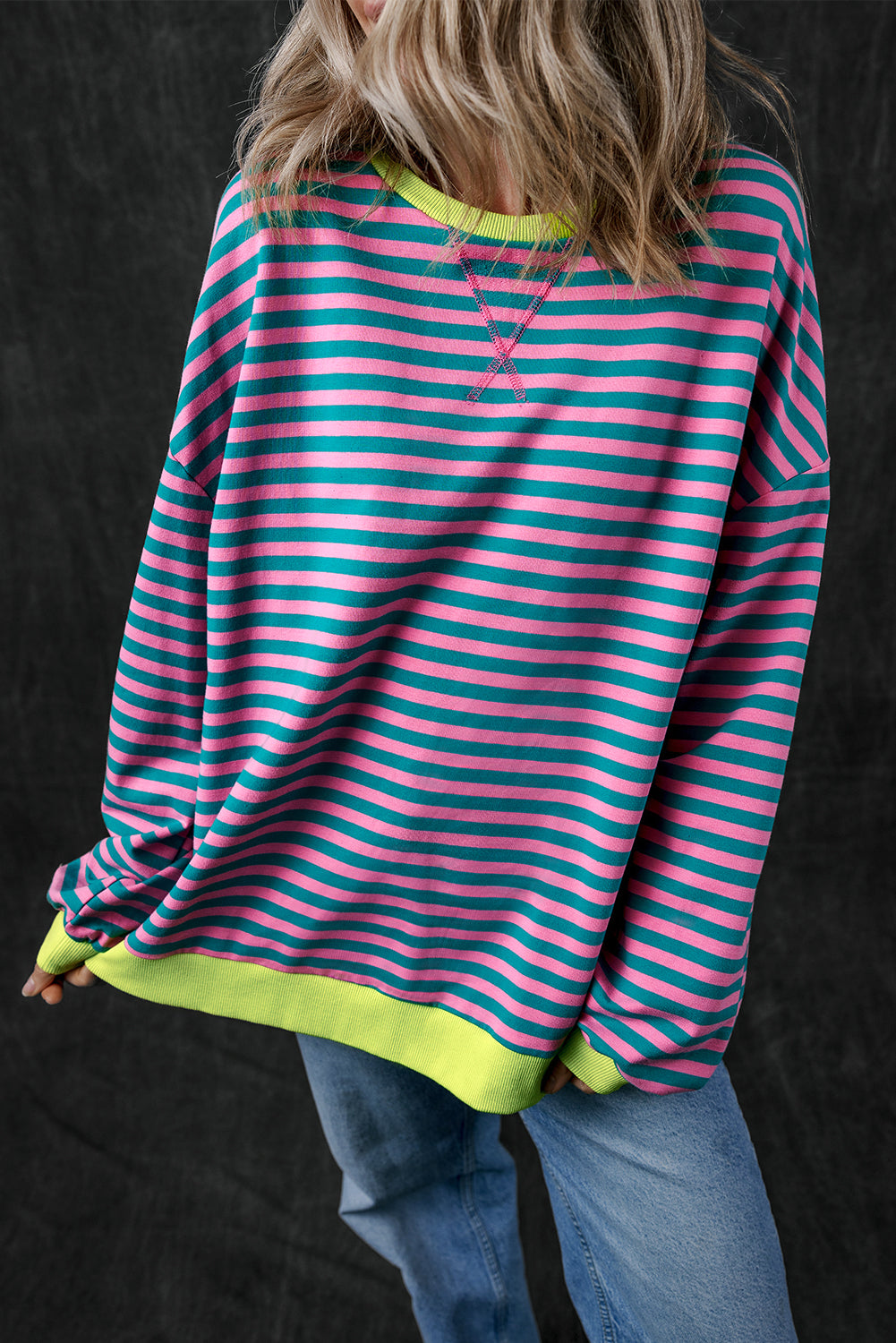Women’s Casual Cool Stripe Oversized Sweatshirt with drop shoulder and contrast trim in relaxed fit, styled with denim