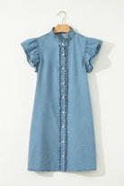 Boutique women’s ruffle sleeve denim dress styled for everyday casual wear