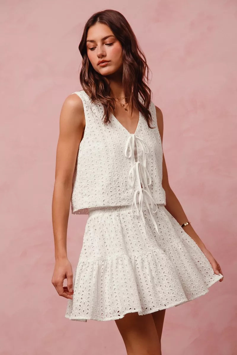 FLORAL EYELET LACE TIE FRONT VEST AND MINI SKIRT SET