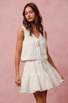 FLORAL EYELET LACE TIE FRONT VEST AND MINI SKIRT SET
