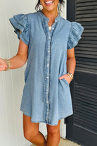 Ruffle sleeve denim shift mini dress with button front and feminine frilled details