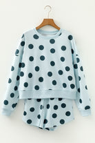 Polka dot lounge set with drop shoulder pullover and drawstring shorts for women from Thread Bar Boutique