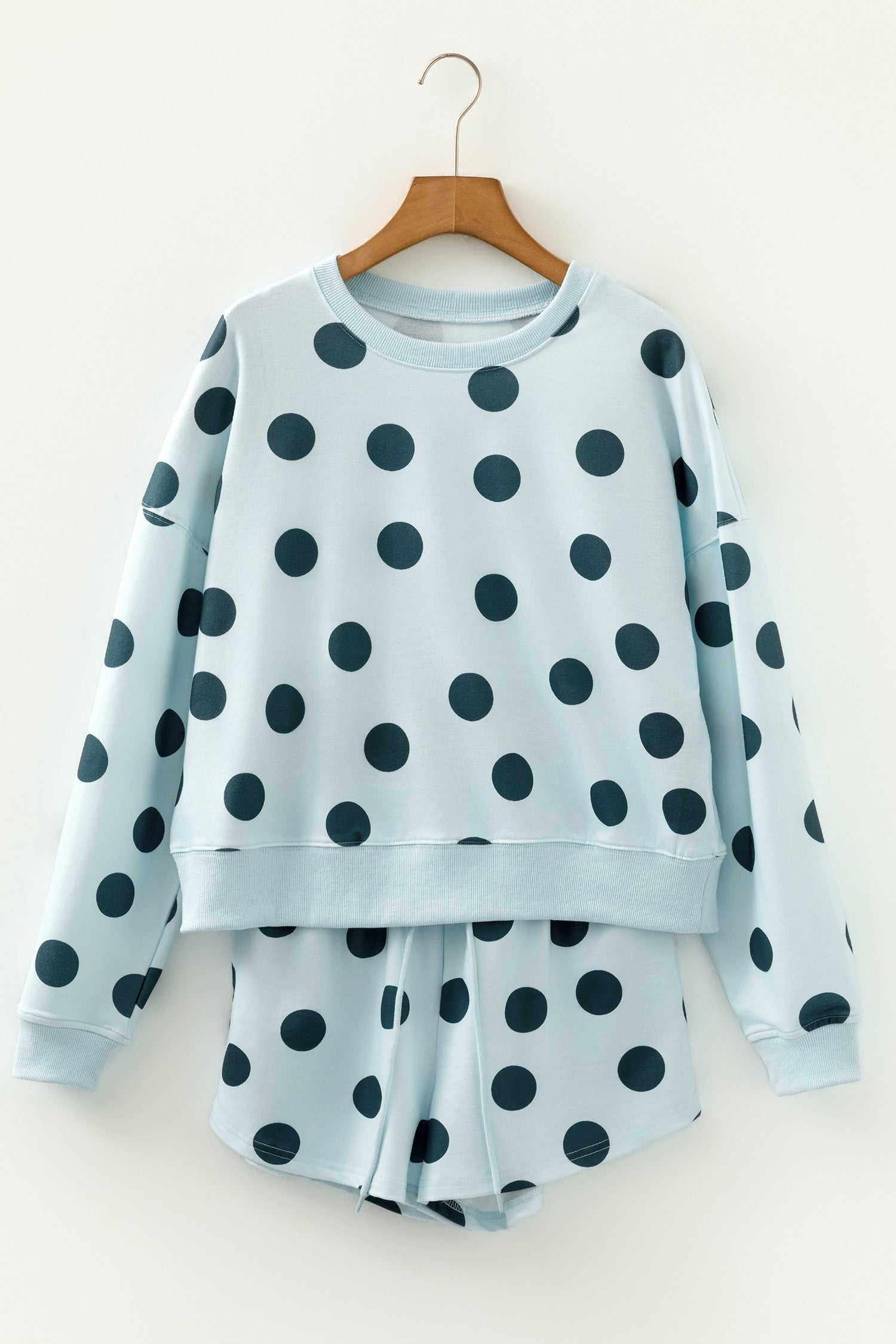 Polka dot lounge set with drop shoulder pullover and drawstring shorts for women from Thread Bar Boutique