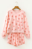 Polka dot lounge set with drop shoulder pullover and drawstring shorts hanger shot