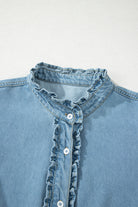 Boutique women’s ruffle sleeve denim dress styled for everyday casual wear close up