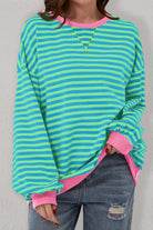 Women’s Casual Cool Stripe Oversized Sweatshirt with drop shoulder and contrast trim in relaxed fit, styled with denim