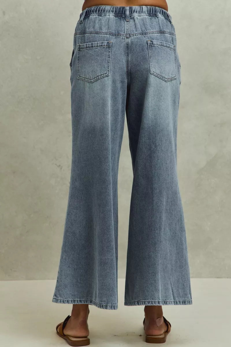 Mid rise elastic flare denim jeans with drawstring rear view