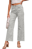 Leopard print high-waisted wide-leg jeans with frayed hem for women from Thread Bar Boutique