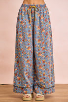 Denim drawstring pants wtih floral print  wide leg