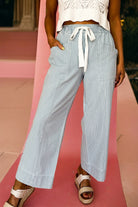 Sky Blue Stripe Mid Rise Drawstring Waist Wide Leg Jeans