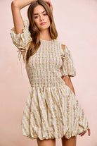 Garden Romance Convertible Dress with detachable puff sleeves in floral print smocked bodice