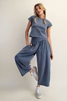 Relaxed mineral washed wide leg pants with gathered pleating from Thread Bar Boutique boho inspired pants