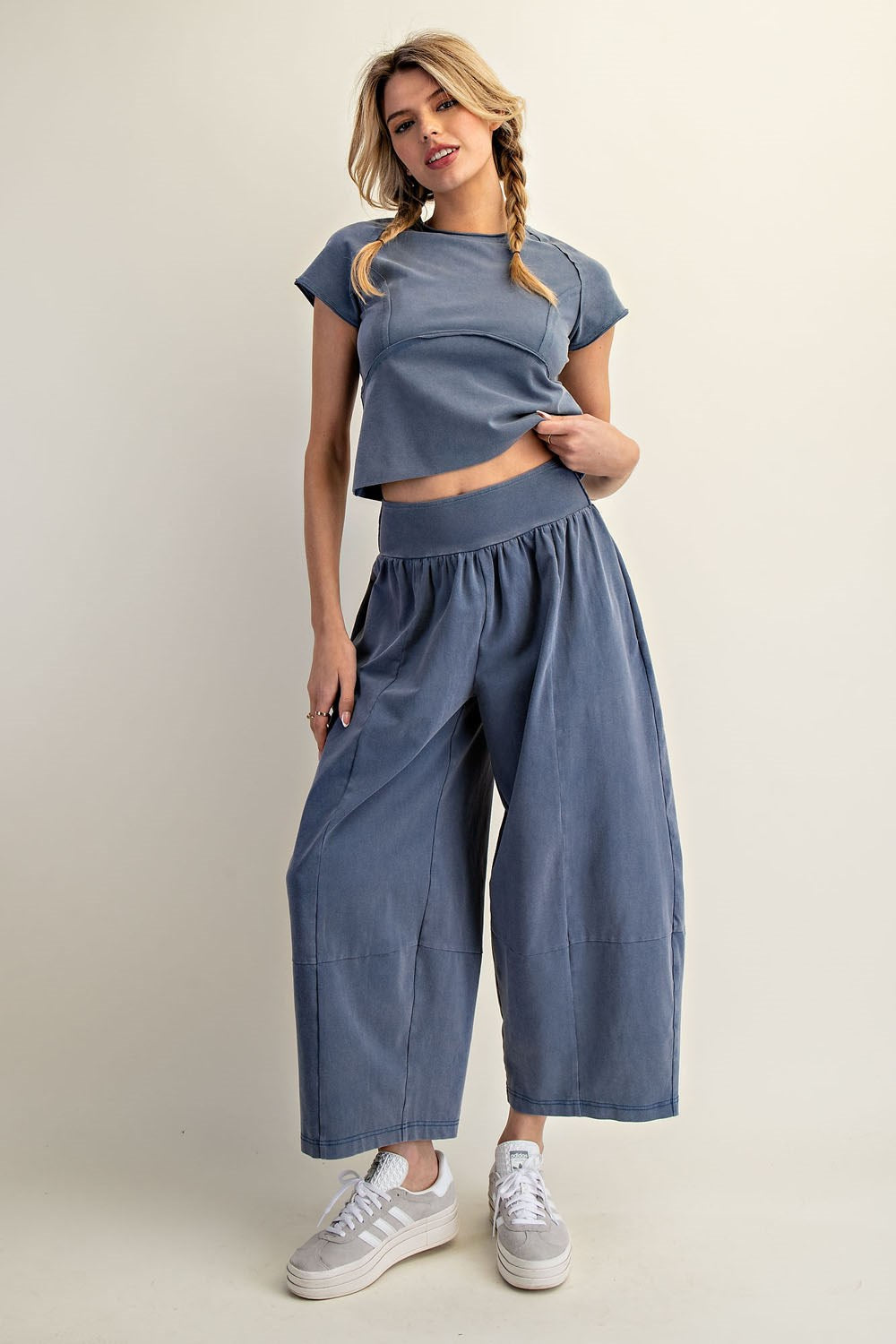 Mineral washed wide leg pants with smocked waistband from Thread Bar Boutique relaxed boho lounge pants