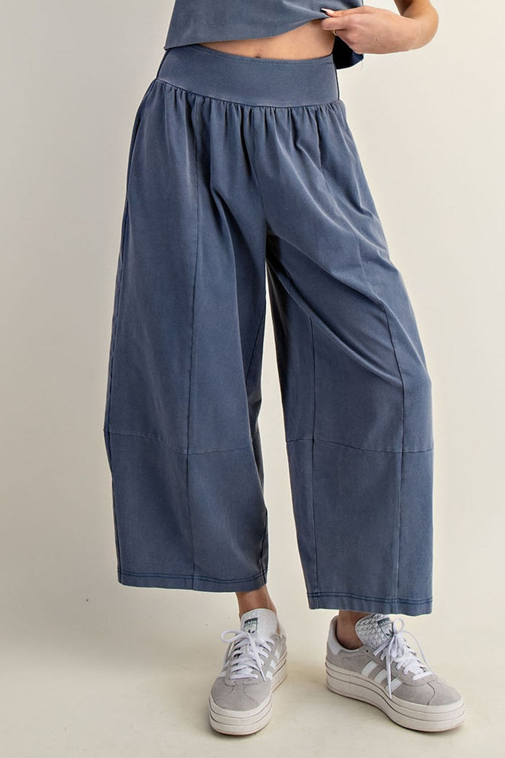 Women’s mineral wash wide leg pants with smocked waist from Thread Bar Boutique comfortable casual style