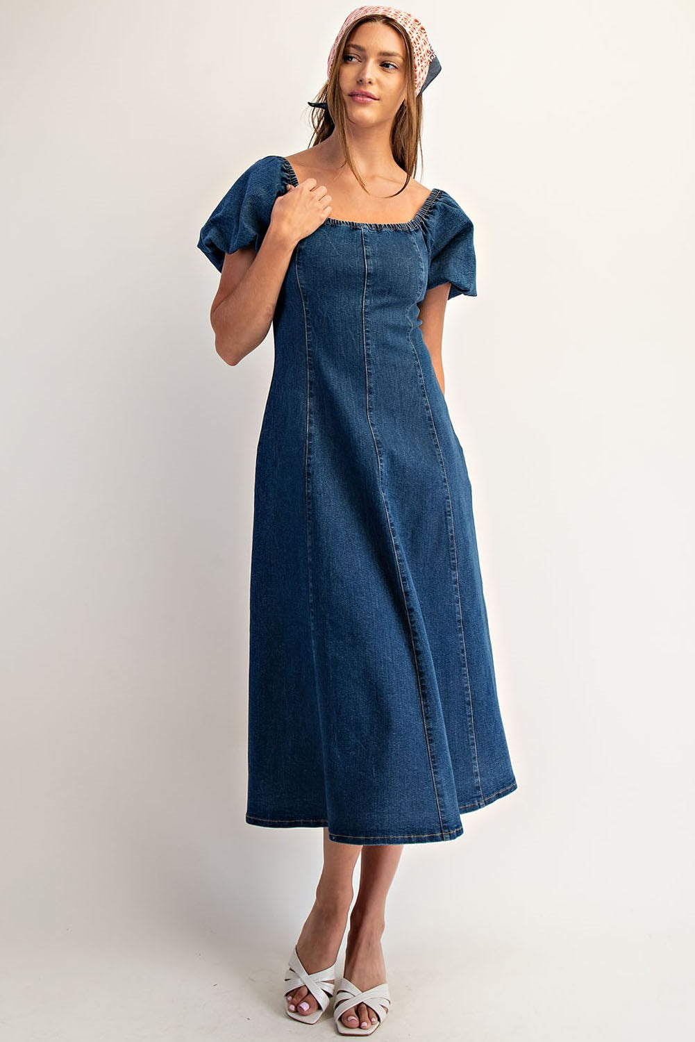 Mineral washed denim puff sleeve midi dress with square neckline and smocked back for women from Thread Bar Boutique
