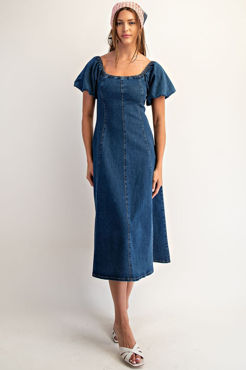 Mineral washed denim puff sleeve midi dress with square neckline and smocked back for women from Thread Bar Boutique