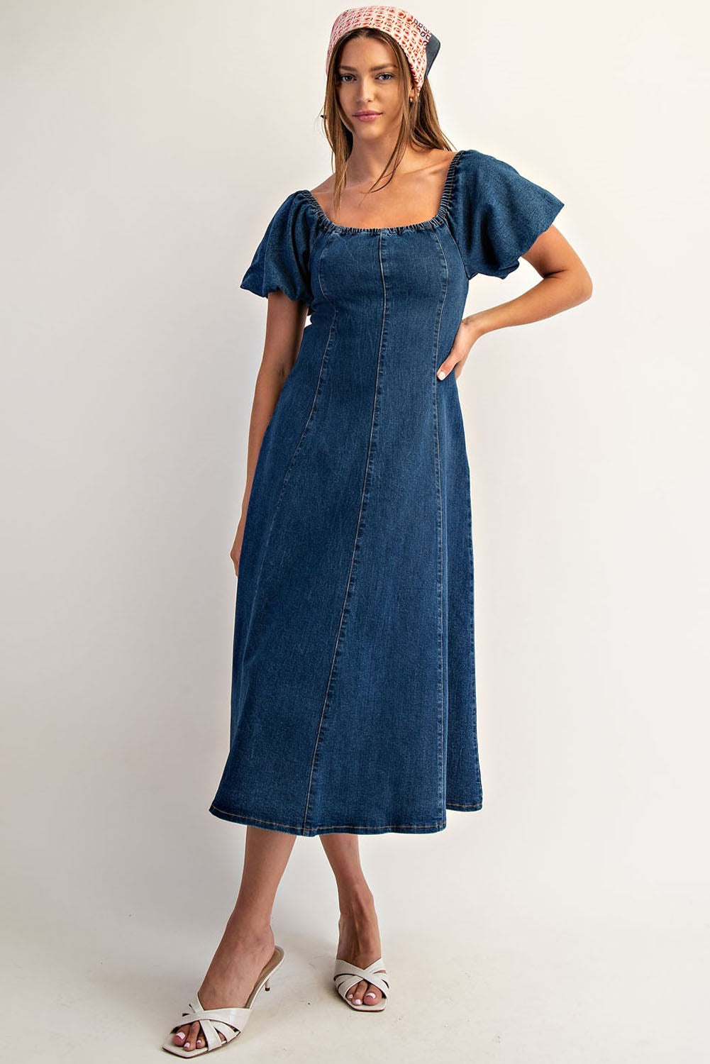 Mineral washed denim puff sleeve midi dress with square neckline and smocked back for women from Thread Bar Boutique