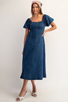 Mineral washed denim puff sleeve midi dress with square neckline and smocked back for women from Thread Bar Boutique